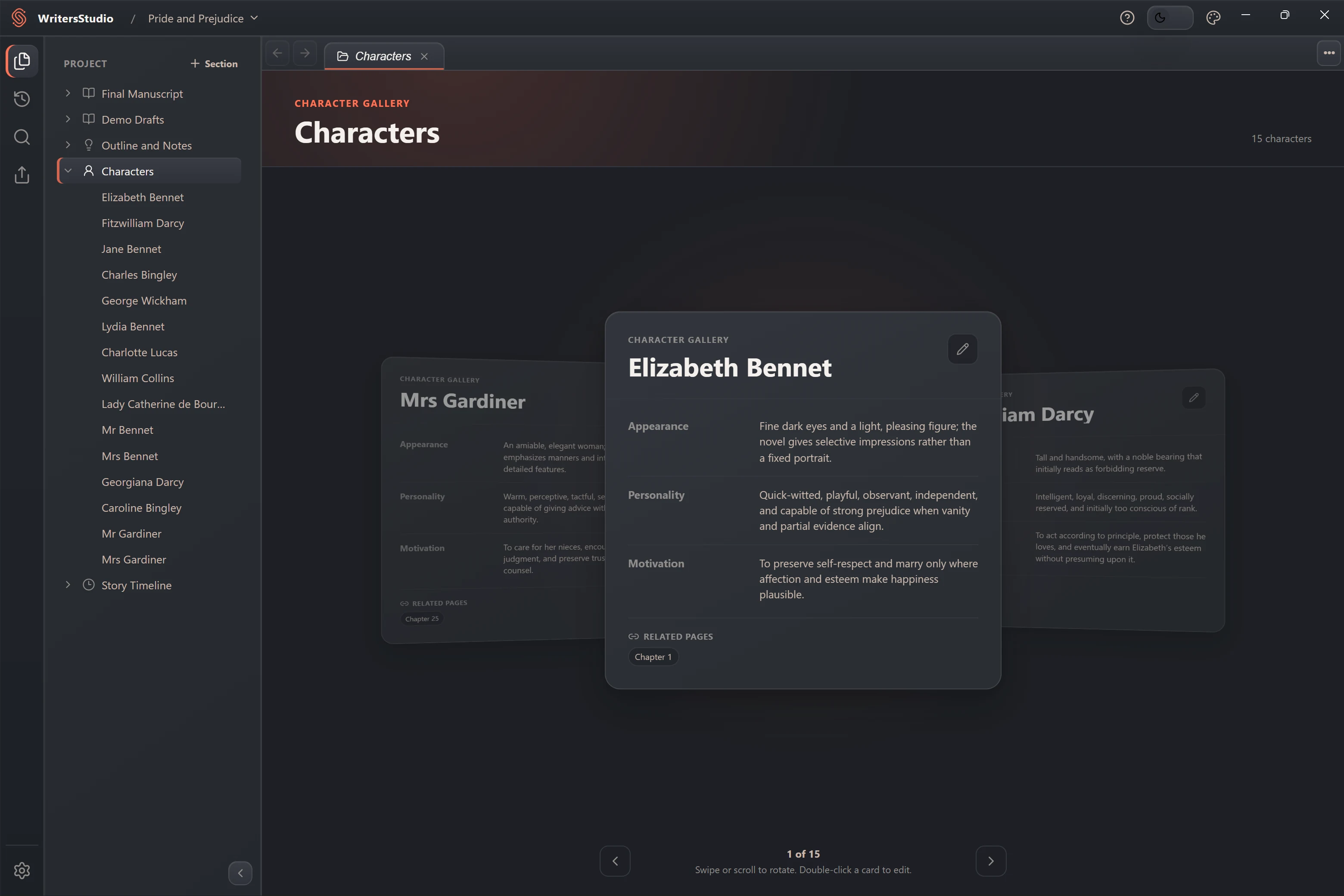 Character profiles arranged in the WritersStudio character gallery