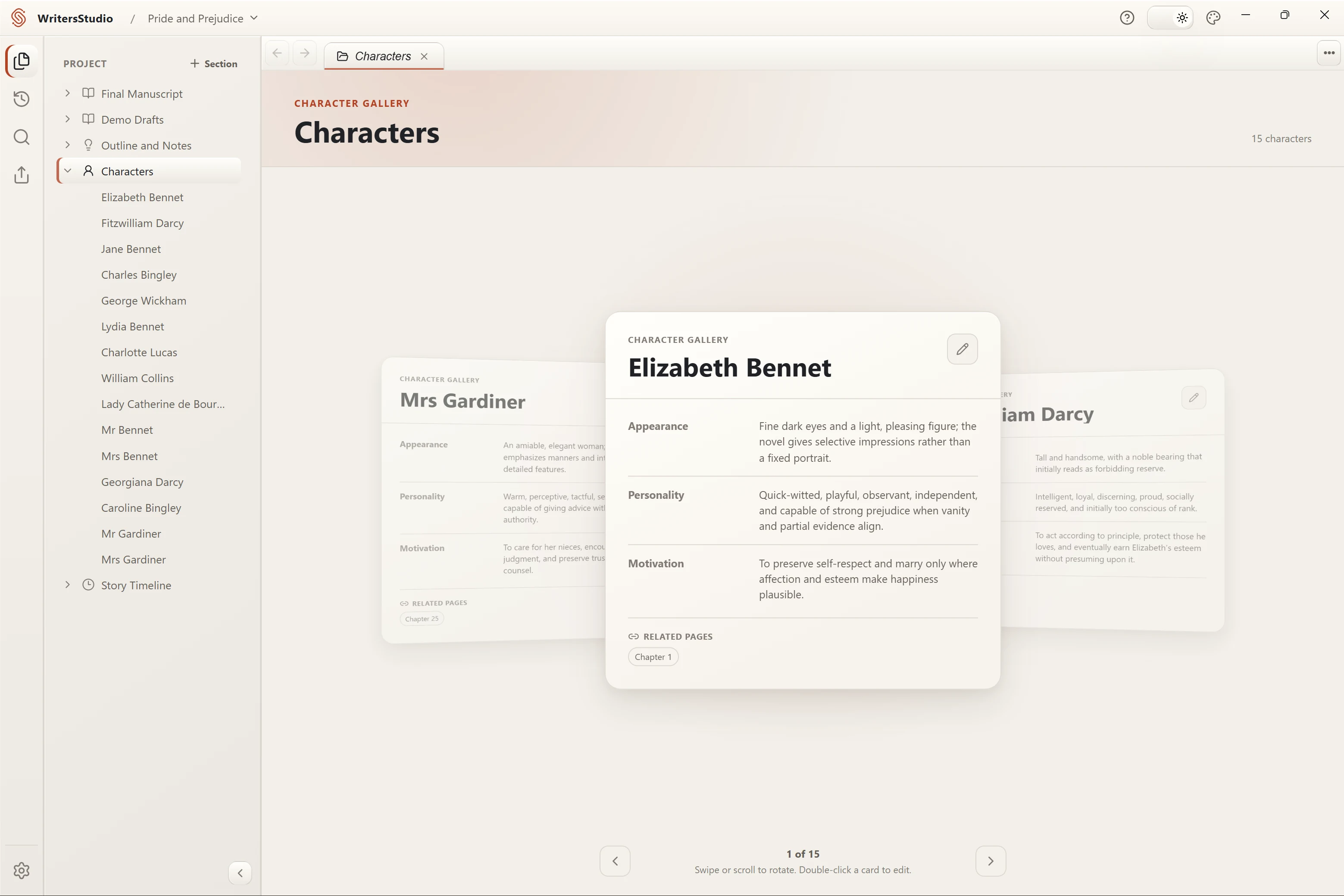 Character profiles arranged in the WritersStudio character gallery