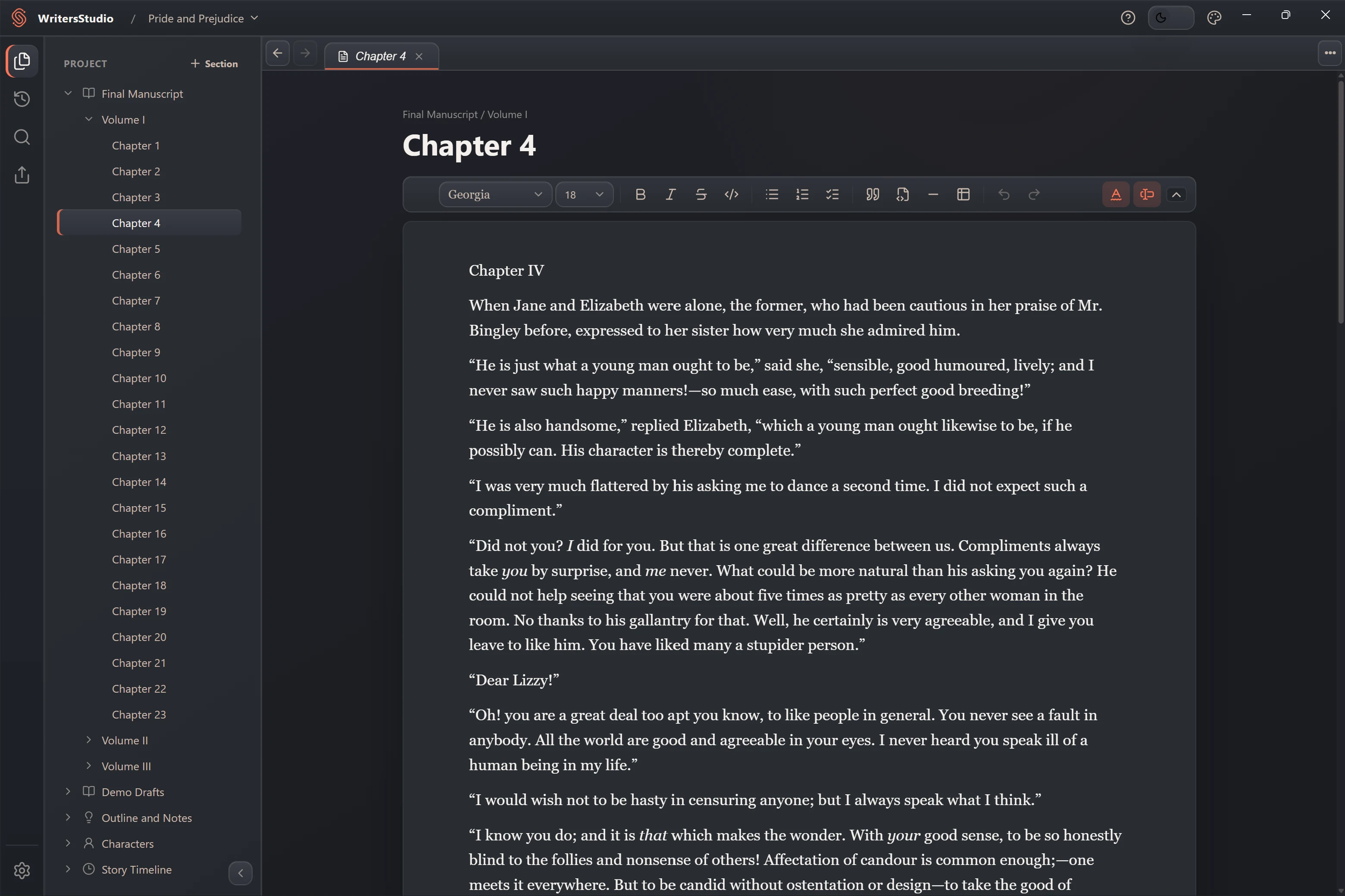 A chapter open in the visual manuscript editor