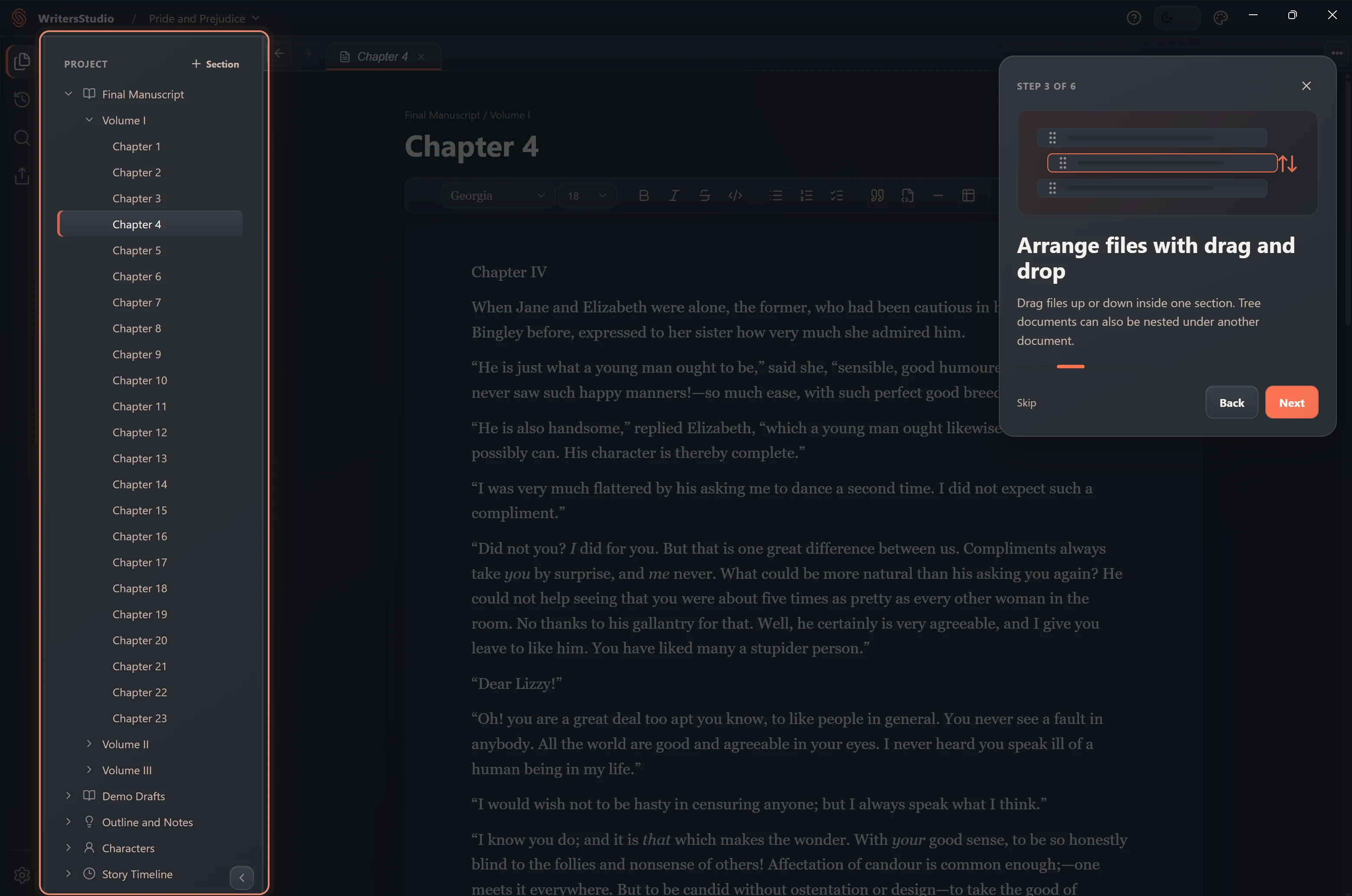 Drafts, outlines, and notes organized in a flexible project tree