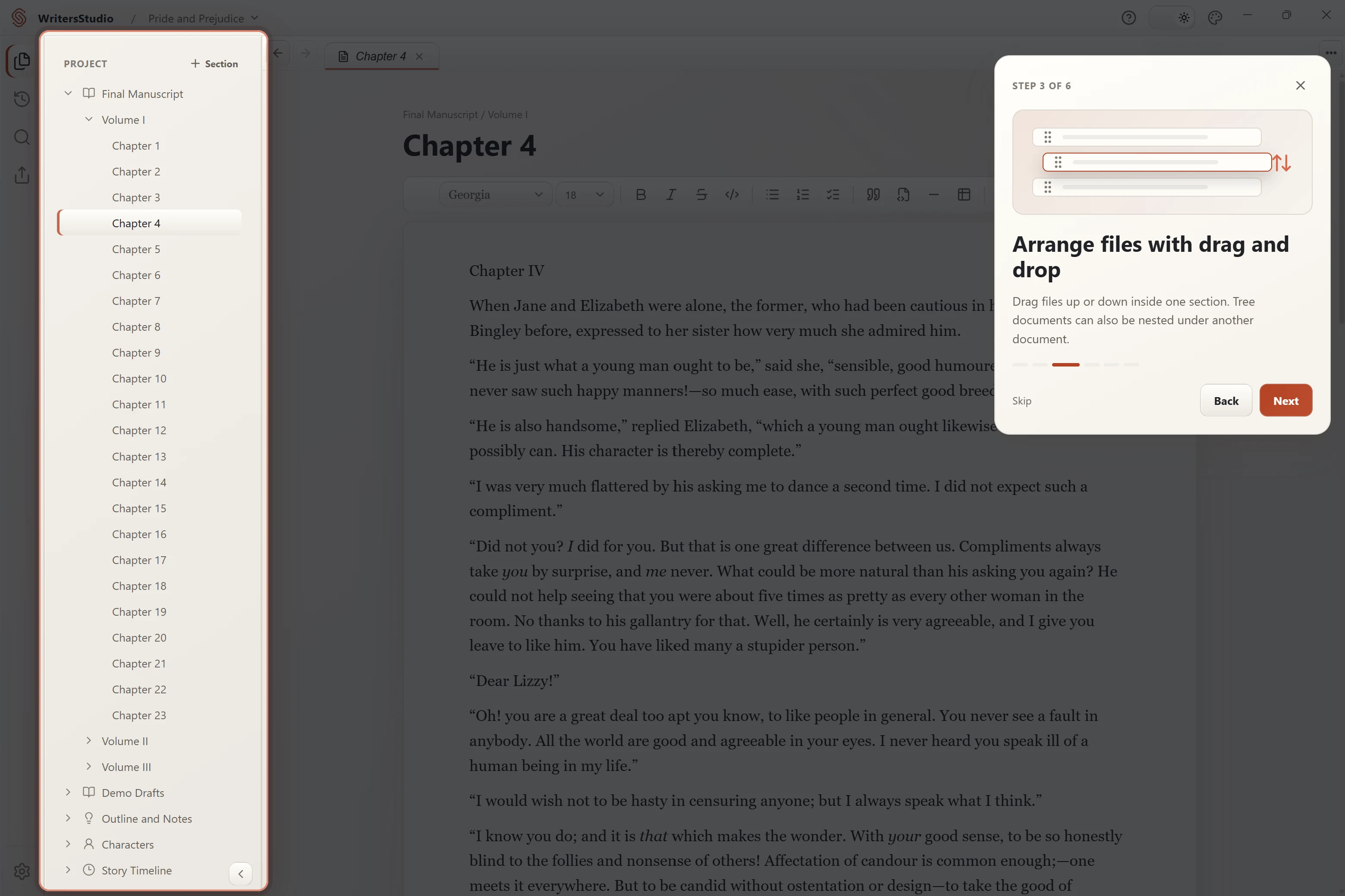 Drafts, outlines, and notes organized in a flexible project tree