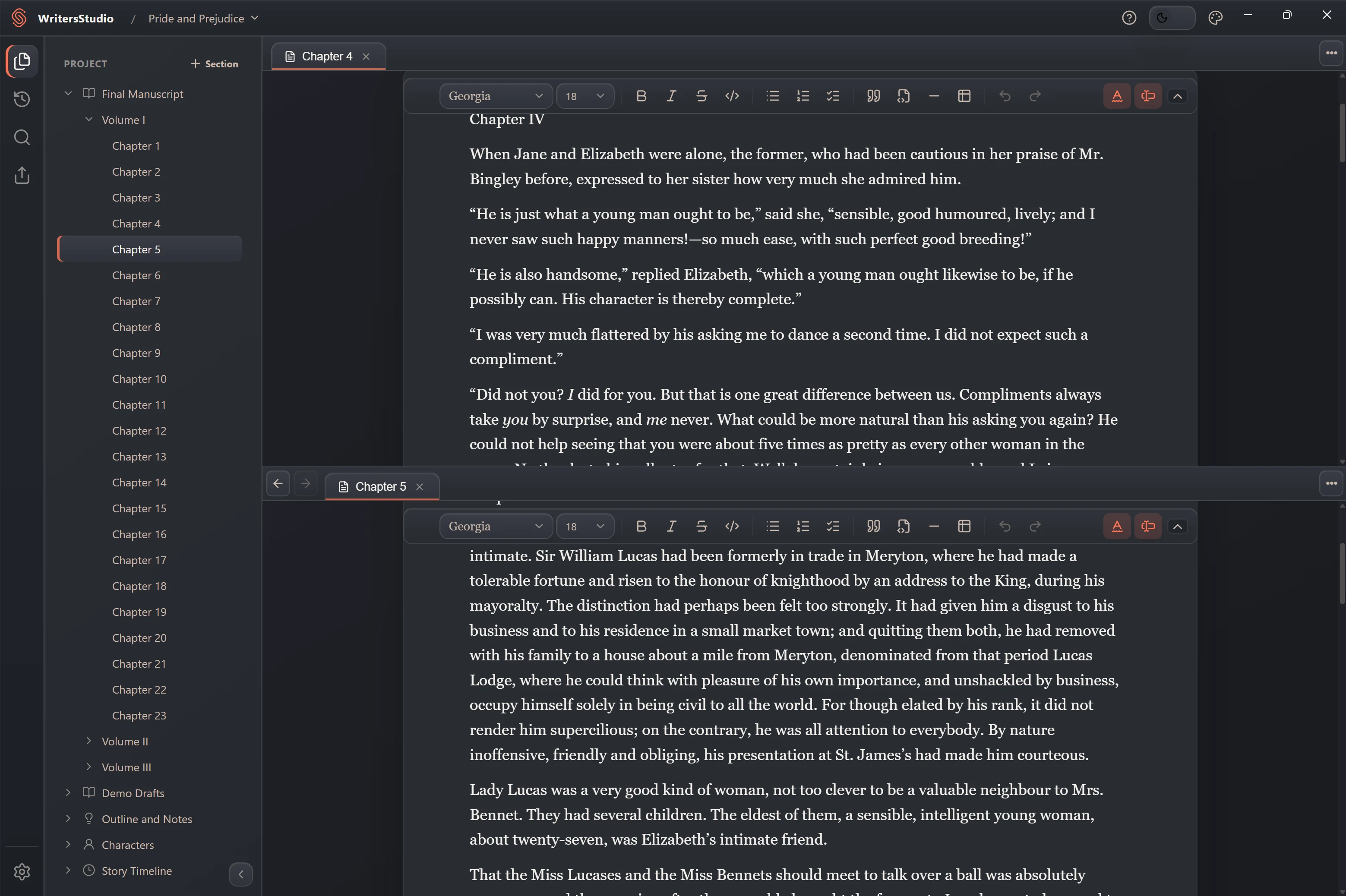 A visual story timeline and manuscript notes shown together in a split workspace