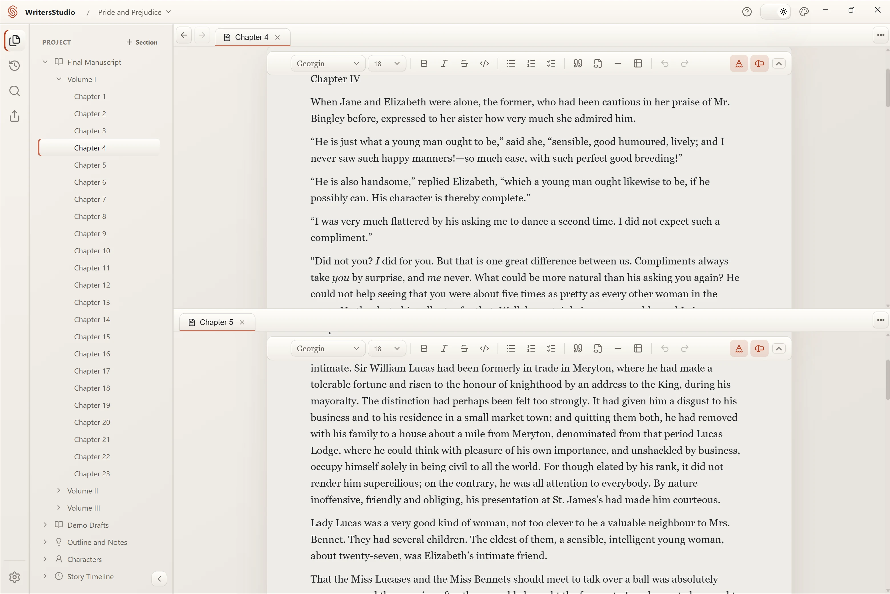 A visual story timeline and manuscript notes shown together in a split workspace