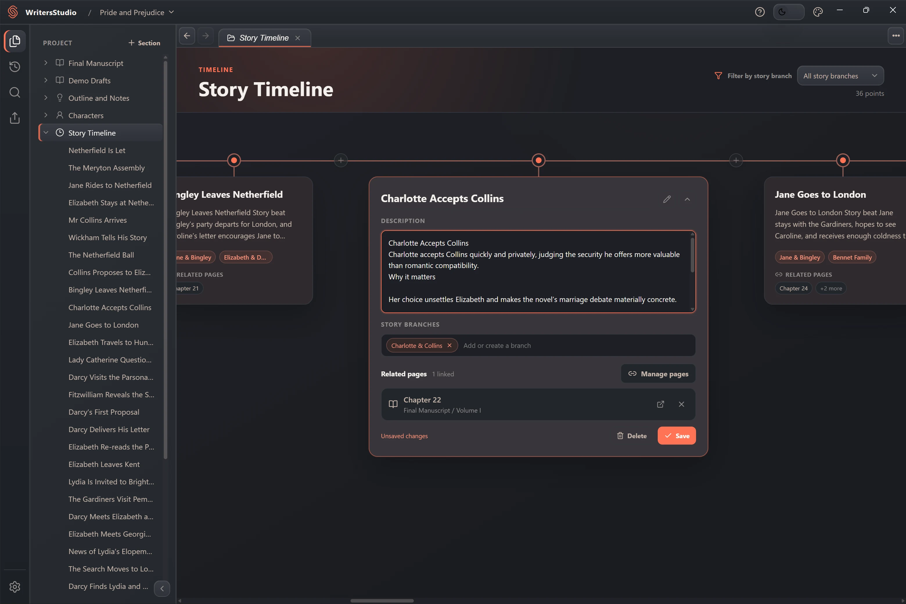 Story events connected across the visual timeline
