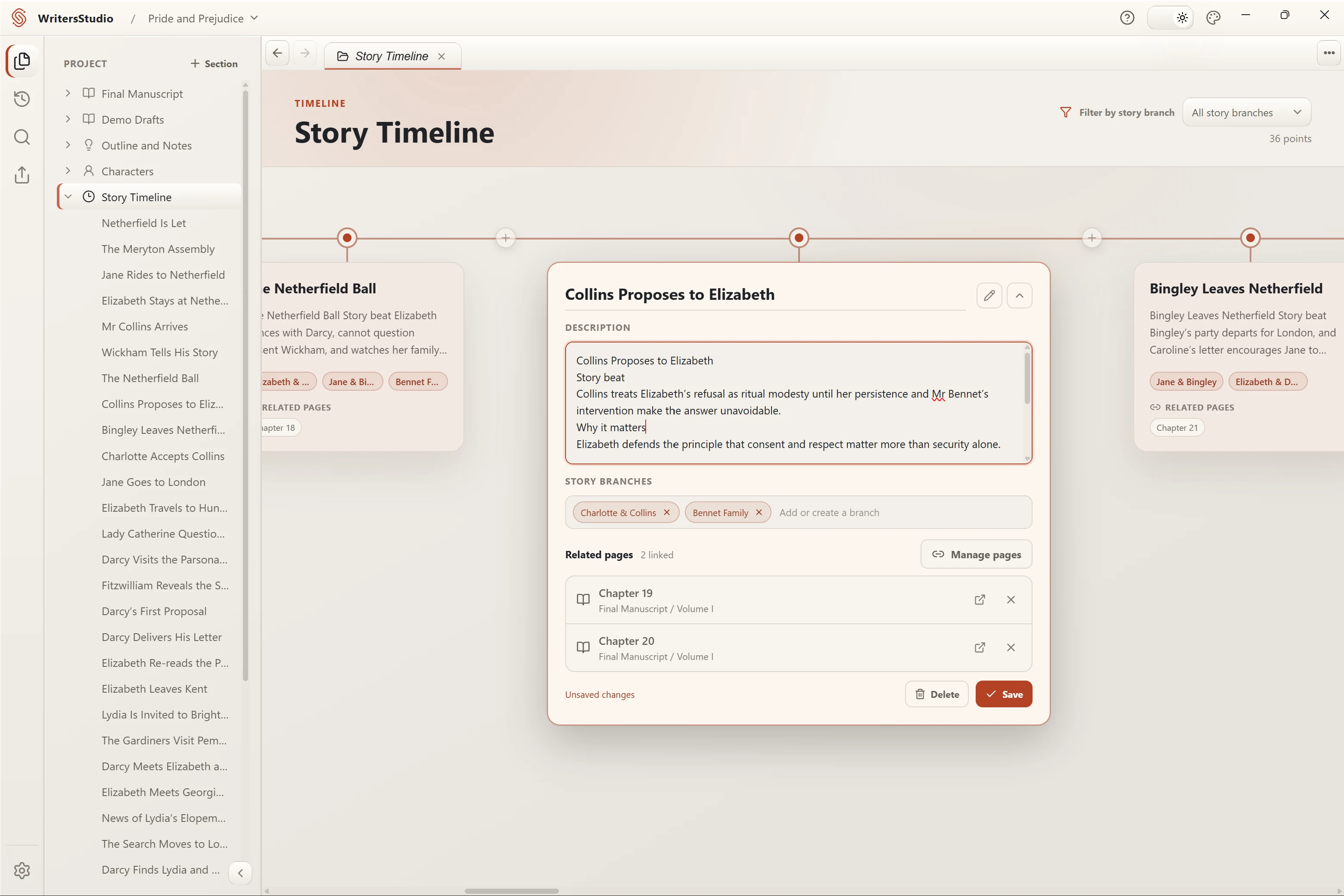 Story events connected across the visual timeline